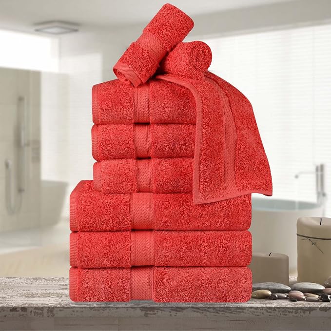 Superior Egyptian Cotton 800 GSM Plush & Absorbent, 9 Piece Set, Coral | Quick Dry, Soft Luxury Towel Set, Bath Essentials, Guest Bath, Spa, 3 Bath, 3 Hand, 3 Face Towel, Madeline Towels
