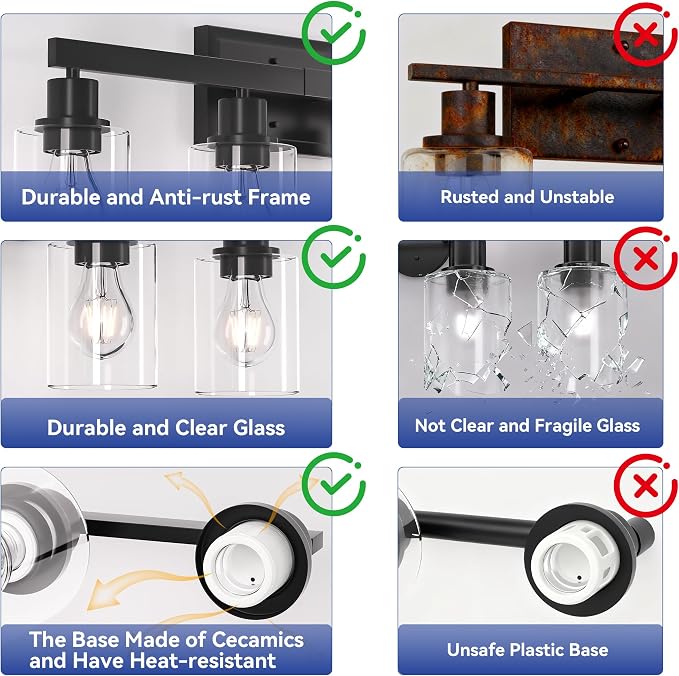 Hasipu Modern Bathroom Light Fixtures, 4 Light Black Vanity Lights | HD Clear Round Glass Shade, Durable Metal, Standard E26 Socket, Easy Installation, Farmhouse Bathroom Lighting