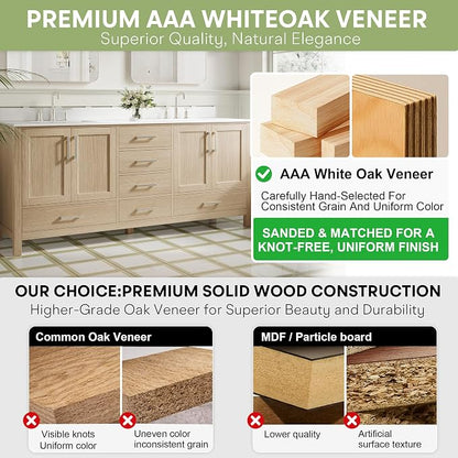80-Inch Bathroom Vanity with Sink, 4 Soft-Close Doors and 6 Soft-Close Drawers, Bathroom Freestanding Vanity with Cultured Marble Countertop, Oak Vanity with Brushed Nickel Handles