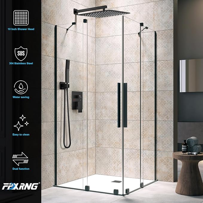 FPXRNG Shower Faucet Set Rainfall Shower System with Square Shower Head and Handle Set Rough-in Valve and Metal Trim Kit Included Matte Black 16 Inch Wall Mounted Shower Fixtures