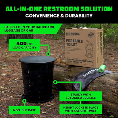 Rhino USA XL Portable Toilet for Camping (400lb Capacity) - Adjustable | Retractable, collapsible design. Adjustable height 4-16in. For adults & kids, camp, RV, boat or car use. Black
