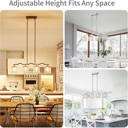 WUZUPS Crystal Chandelier 4-Light Linear Raindrop Pendant Ceiling Light Modern Lighting Fixture for Bedroom Dinning Room Bar Kitchen Island, H8.7'' W4.7'' L30.5, E12 Base, Nickel