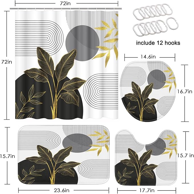 Bathroom Sets with Shower Curtain and Rugs, 4 Pcs, Boho Mid | Century Abstract Leaves Minimalist Bathroom Decor Set with Toilet Lid Cover, Non-Slip Bath Mats and Accessories 12 Hooks