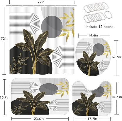 Bathroom Sets with Shower Curtain and Rugs, 4 Pcs, Boho Mid | Century Abstract Leaves Minimalist Bathroom Decor Set with Toilet Lid Cover, Non-Slip Bath Mats and Accessories 12 Hooks