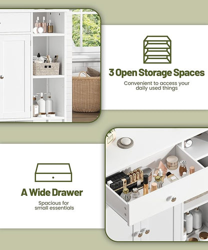 White Bathroom Floor Cabinet with Large Drawer, Floor Storage Cabinet with Doors & Adjustable Shelves, Modern Storage Cupboard with 3 Open Space for Living Room, Entryway, Dining Room