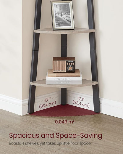 VASAGLE Corner Shelf Stand, 4-Tier Corner Bookshelf, Industrial Ladder Shelf, Plant Stand for Living Room, Office, Kitchen, Greige and Black ULLS034M01