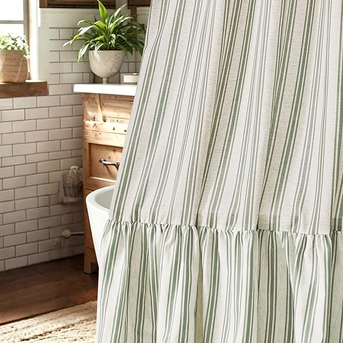 ORTIGIA Linen Textured Ruffle Shower Curtain 72x72 Inch with Metal Hooks, Vintage Cream-Green Waterproof Bath Curtain for Rustic Farmhouse Bathroom Decor