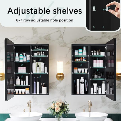 24 x 30 Black Medicine Cabinet Mirror, Recessed or Surface Mount | Bathroom mirror with storage: 6 adjustable shelves fit tall bottles; DTC soft-close hinges; rust-resistant aluminum