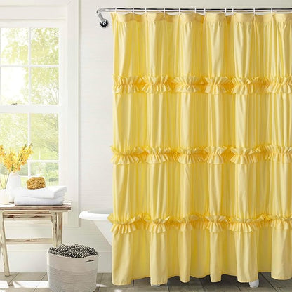 Farmhouse Ruffle Shower Curtain, Bright Yellow, 72 x 72 in | Decorative Elegant Bathroom Curtain with 12 Holes, Soft Ruched Microfiber Fabric, Vintage Handmade Design