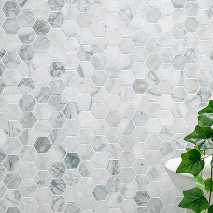 MSI Calacatta Cressa 12 in. x 12 in. Hexagon Honed Marble Tile – Kitchen Backsplash, Bathroom Wall, Accent or Shower Wall, Mesh-Mounted Mosaic, White