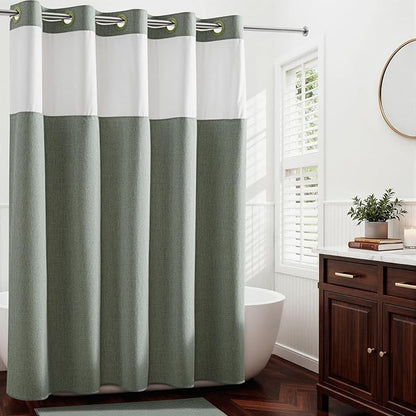 River Dream Linen Textured No Hooks Shower Curtain with Liner,Green,71x74 | Mesh Top Window,with Snap-in Liner,Heavy Duty Fabric,Quick Dry,Bottom Magnets,Water-Repellent,Washable,Farmhouse Bathroom Set