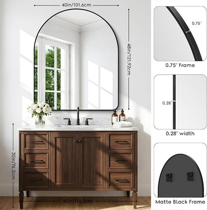 BONEWEI Arched Wall Mirror,40x48 inch Black Arched Mirror Bathroom,Large Vanity Mirror for Over Sink Metal Frame,Tempered Glass Arch Mirrors for Bedroom,Entryway,Living Room,Home Decor Shatter-Proof