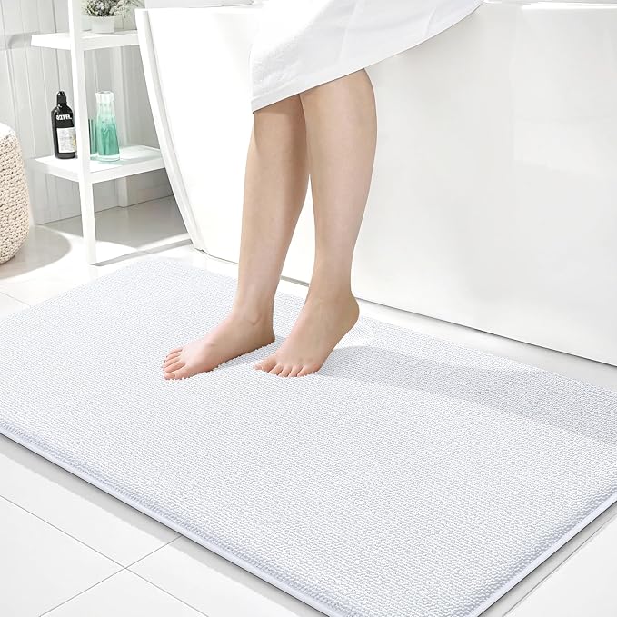 OLANLY Memory Foam Bathroom Runner Rugs 44x24, Absorbent Long Mat, White | Soft Quick Dry Bath Rugs, Non-Slip Carpet, Machine Washable Mat for Bathroom Floor, Tub and Shower, Home Decor Accessories