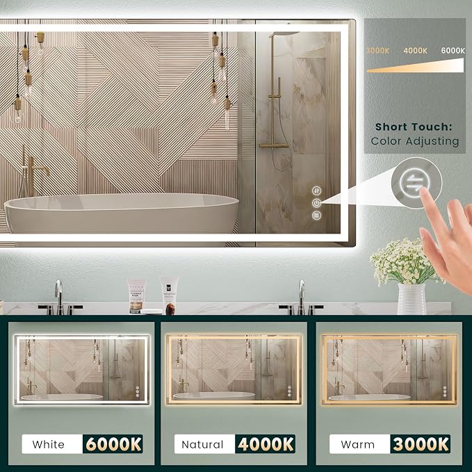 36" x 72" LED Bathroom Mirror with Lights, Memory Vanity Mirror | Anti-Fog, 3 Color Modes, Dimmable, Front Lit, Memory Function, Tempered Glass, Lighted Bathroom Mirror for Wall
