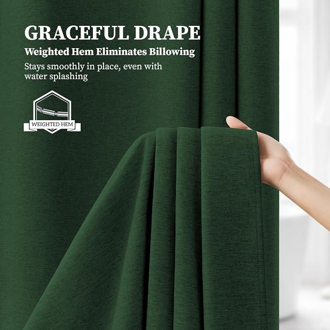 72x90 Linen Textured Waterproof Fabric Shower Curtain, Emerald Green | Long Size, 230GSM Polyester, Heavy Duty Cloth, Weighted Hem, 12 Plastic Hooks, Modern Luxury Hotel Style, Machine Washable