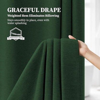 72x90 Linen Textured Waterproof Fabric Shower Curtain, Emerald Green | Long Size, 230GSM Polyester, Heavy Duty Cloth, Weighted Hem, 12 Plastic Hooks, Modern Luxury Hotel Style, Machine Washable