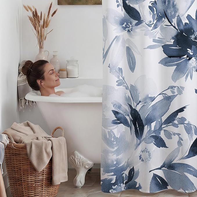 No Hook Floral Shower Curtain with Liner, Aqua Blue, 54x80 | Snap in Liner, 3 in 1, Water Repellent, Easy Install, Machine Washable, Hotel Style for Bathroom, Watercolor Pattern