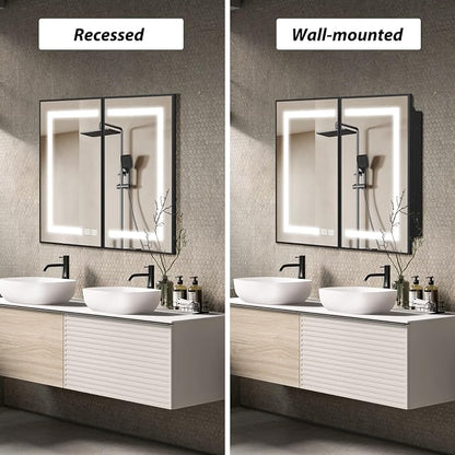 APRILSOUL 40x32 Inch Lighted Bathroom Medicine Cabinet with Mirror, Black Recessed or Surface Mount Medicine Cabinet Mirror with Storage and LED Lights, 3 Colors Temperature, Dimmable Light