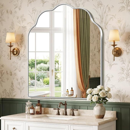 Scalloped Arched Mirror, 30×36Inch Silver Bathroom Mirror, Wavy Wall Mounted Vanity Mirror with Aluminum Alloy Frame for Livingroom Bedroom and Entryway, Tempered Glass