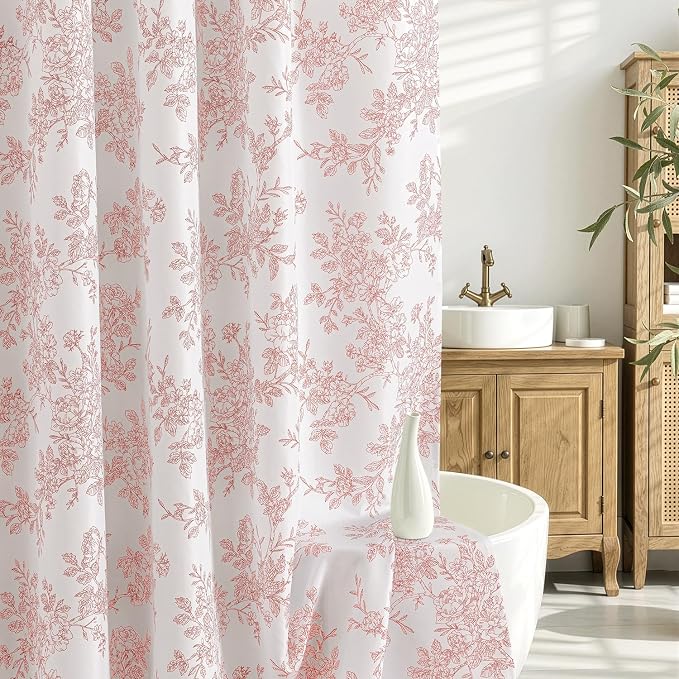 Spring Extra Long Pink Floral Shower Curtain W72*L84 Inches | Linen Textured Fabric, 12 Rustproof Metal Hooks, Wrinkle Resistant Cloth, Machine Washable, Bathroom Decor for Cottage Core