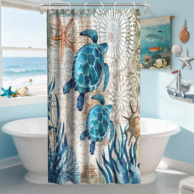 Nautical Ocean Beach Shower Curtain, Cute Coastal Sea Turtles Shower Curtains for Bathroom, Waterproof Bath Curtain with Hooks Machine Washable Bathtub Curtains 36x72 Inch Blue Teal