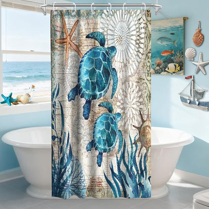 Nautical Ocean Beach Shower Curtain, Cute Coastal Sea Turtles Shower Curtains for Bathroom, Waterproof Bath Curtain with Hooks Machine Washable Bathtub Curtains 36x72 Inch Blue Teal