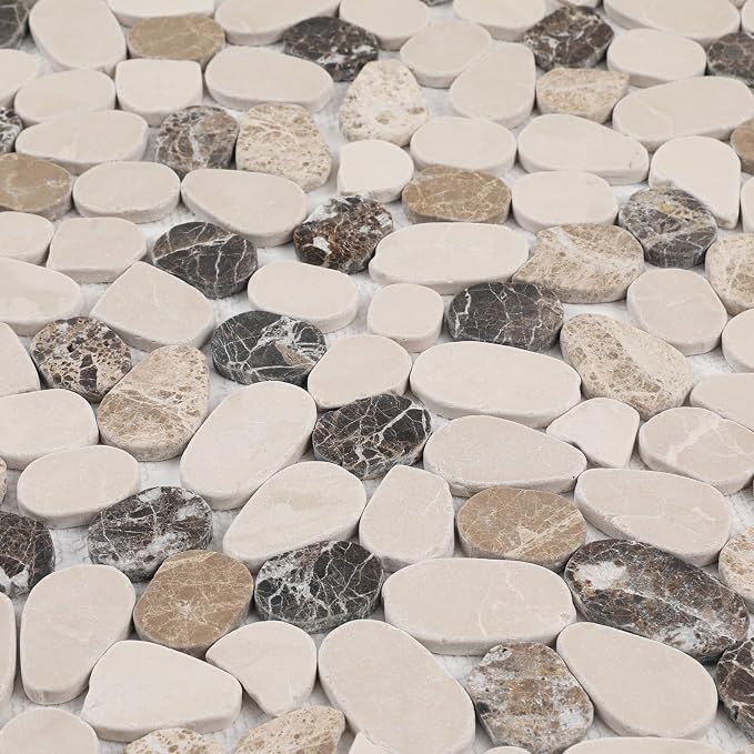 Pebble Tile, Brown Beige Sliced Pebble Stone Tiles for Shower Kitchen Backsplash Bathroom Wall and Floor, 4 Sheets