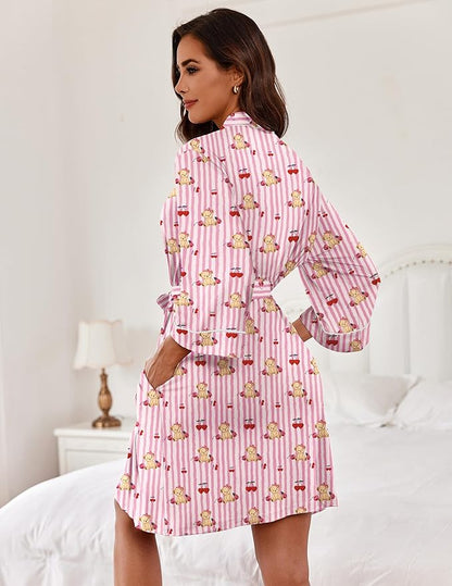 Ekouaer Women Kimono Robes Knee Length Knit Bathrobe Lightweight Soft Sleepwear V-neck Casual Ladies Loungewear