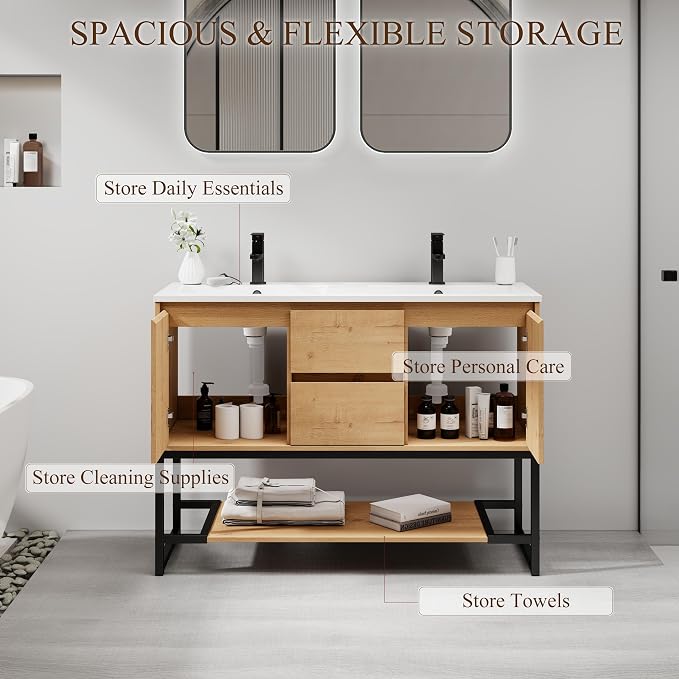 LUCKWIND 48" Modern Bathroom Vanity with Dual White Sink Combo, Freestanding Storage Cabinet with Metal Frame, Matte Black Faucet and Open Shelf and 2 Soft-Closing Door, Natural