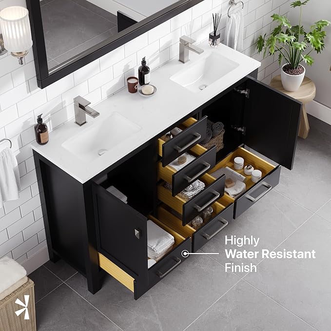 Eviva London 54 in. Espresso Double Sink Bath Vanity with Carrara Quartz Top and Undermount Porcelain Sinks