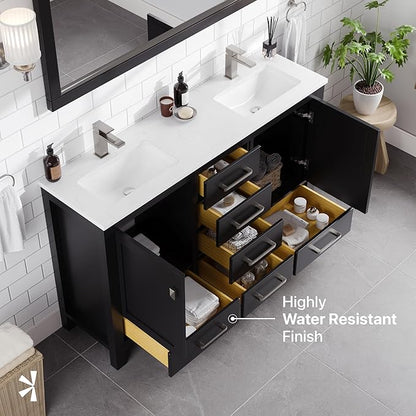 Eviva London 54 in. Espresso Double Sink Bath Vanity with Carrara Quartz Top and Undermount Porcelain Sinks