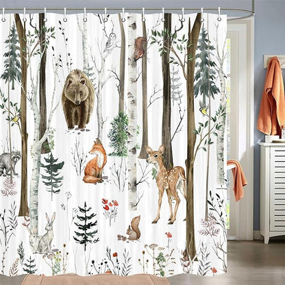 JAWO Rustic Forest Shower Curtain, Lodge Cabin Woodsy RV Wildlife Animals Woodland Campers Camping Bathroom Set with Hooks, 72X84 Inch, White