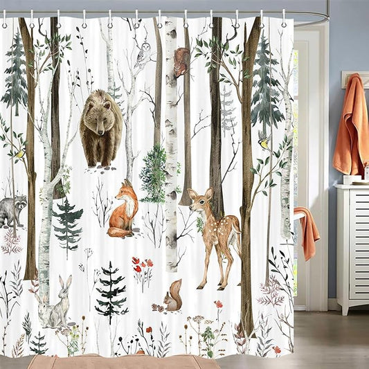 JAWO Rustic Forest Shower Curtain, Lodge Cabin Woodsy RV Wildlife Animals Woodland Campers Camping Bathroom Set with Hooks, 72X84 Inch, White