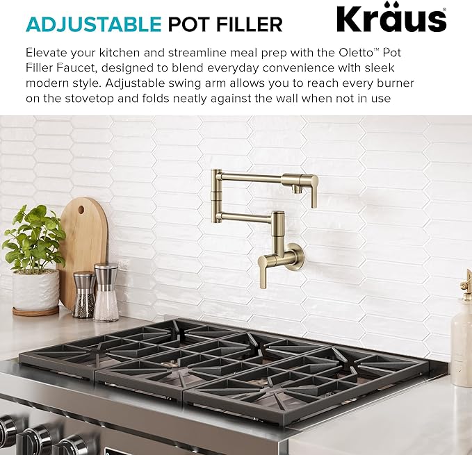 KRAUS Oletto Pot Filler Faucet with Retractable Arm, Wall Mount Kitchen Faucet, Pot Filler for Stove in Spot-Free Brushed Brass, KPF-5001SFACB