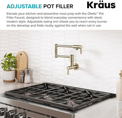 KRAUS Oletto Pot Filler Faucet with Retractable Arm, Wall Mount Kitchen Faucet, Pot Filler for Stove in Spot-Free Brushed Brass, KPF-5001SFACB