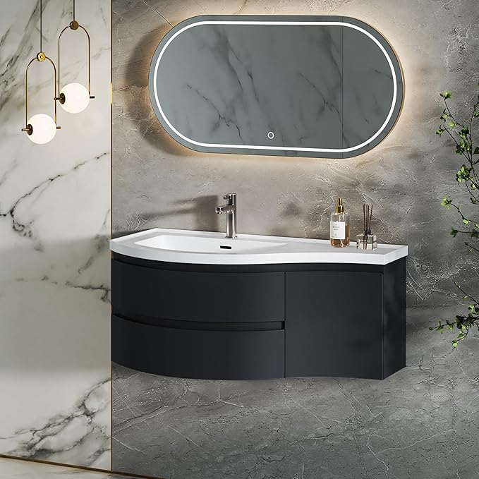 KunMai Modern Floating Bathroom Vanity with Sink, 35.4" Black Wall Mounted Stone Resin Top Vanity Cabinet with Storage Drawers & Door, White Wall Hung Vanity for Small Bathrooms