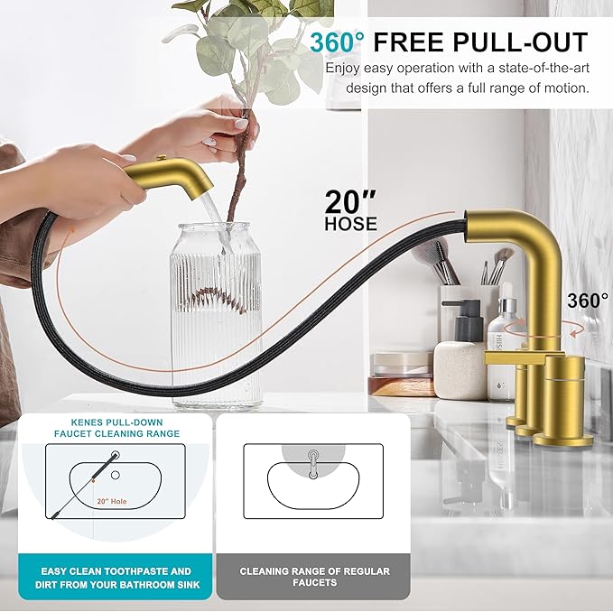 KENES Brushed Gold Pull Down Bathroom Faucet, 8 Inch 2 Handle Widespread Bathroom Faucet 3 Hole with Pull Out Sprayer, Bathroom Sink Faucet with Pop Up Drain & Supply Lines LJ-9058A-4