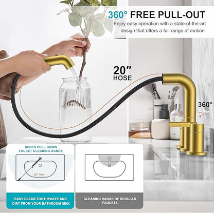 KENES Brushed Gold Pull Down Bathroom Faucet, 8 Inch 2 Handle Widespread Bathroom Faucet 3 Hole with Pull Out Sprayer, Bathroom Sink Faucet with Pop Up Drain & Supply Lines LJ-9058A-4