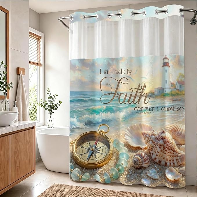 Luxury Ocean Beach No Hook Shower Curtain Nautical Tropical Aesthetic | Seashell No Hook Shower Curtain with Snap in Liner, Waterproof Ringless Shower Curtains for Bathroom 72x74 Inch Colorful