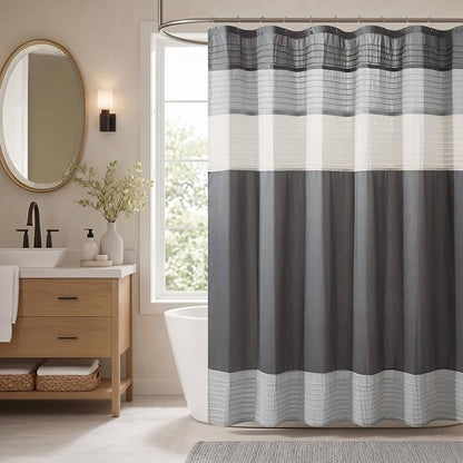 Madison Park Amherst Bathroom Shower Curtain Faux Silk Pieced Striped Modern Microfiber Bath Curtains, 72x84 Inches, Grey