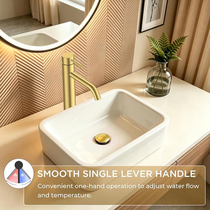 FORIOUS Vessel Tall Bathroom Faucet 1 Hole Brushed Gold Single Handle | for 1 Hole Vessel Sink Only, Single Handle Faucet with Pop up Drain, for Basin Bowl Vanity Lavatory Residential/Commercial