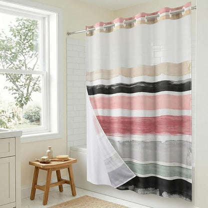 Americanflat 72x75 Hookless Shower Curtain - Water-Resistant Stripe Shower Curtain with Sheer Panel, Snap-In Liner, and Grommets - 100% Polyester - Blush Pink, Black, Sage Green, White, Grey and Cream