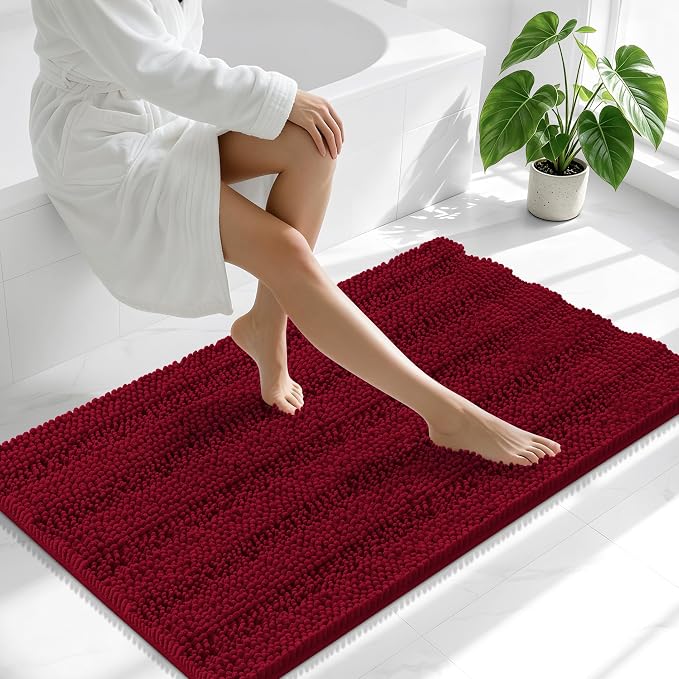 Smiry Thick Chenille Bathroom Runner Rugs 44x24, Absorbent Bath Mat, Red | Quick‑Dry & Machine Washable, Non‑Slip Bath Carpet, Soft Striped Bath Rugs for Tub & Shower, Modern Home Decor Accessories