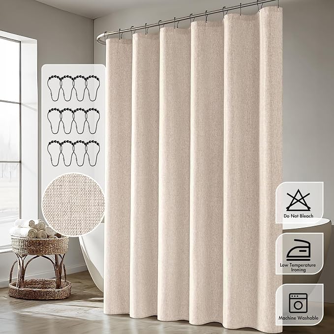 ANRODUO Beige Linen Textured Fabric Shower Curtain Set - W72xL84 | Farmhouse Shower Curtain with 12 Metal Hooks, Waterproof Heavy Duty, Button Hole Design, Machine Washable for Bathroom