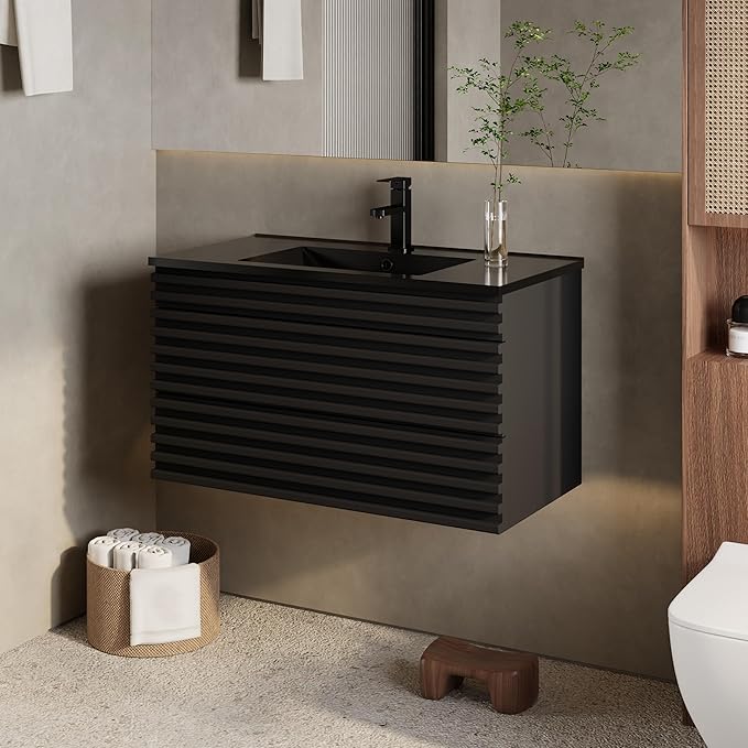eclife 36" Floating Bathroom Vanity with Sink Combo, Mid-Century Wall Mounted Cabinet with Wood Stripes Decor, Drawers, Undermount Single Black Sink, Faucet, Drain, Black