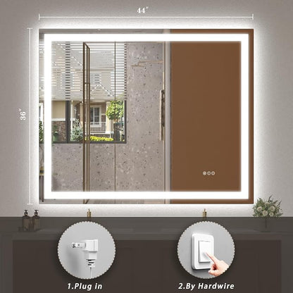 44x36 LED Lighted Bathroom Mirror for Vanity Wall | Front Light and Backlit, Anti-Fog, Memory, 3 Color, Tempered Glass, Dimmable, Rectangular, UL, Horizontal/ Vertical Mounted