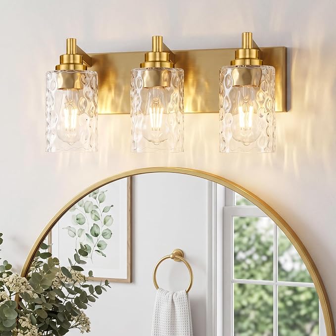 3-Light Brushed Gold Bathroom Vanity Light, Hammered Cylinder Glass | Ideal for 20-28" mirrors, 16.5" modern bathroom light fixtures over mirror, E26 base, bulbs not included, VL198-BG-3