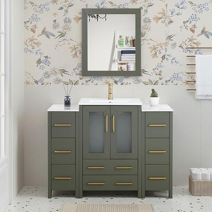 HOMEBEYOND 48 Inch Modern Bathroom Vanity with Sink & Mirror, Single Vanity Cabinet with Basin and Mirror, Dove-Tailed Drawers, Soft-Closing Doors, Wood, Vintage Green