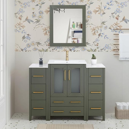 HOMEBEYOND 48 Inch Modern Bathroom Vanity with Sink & Mirror, Single Vanity Cabinet with Basin and Mirror, Dove-Tailed Drawers, Soft-Closing Doors, Wood, Vintage Green