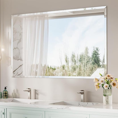 Keonjinn Beveled Bathroom Mirror 60” x 36“, Rectangle Mirrors for Bathroom Sink, Large Wall Mirror,Shatterproof, Modern Decorative for Living Room, Entryway, Bedroom, Horizontal/Vertical